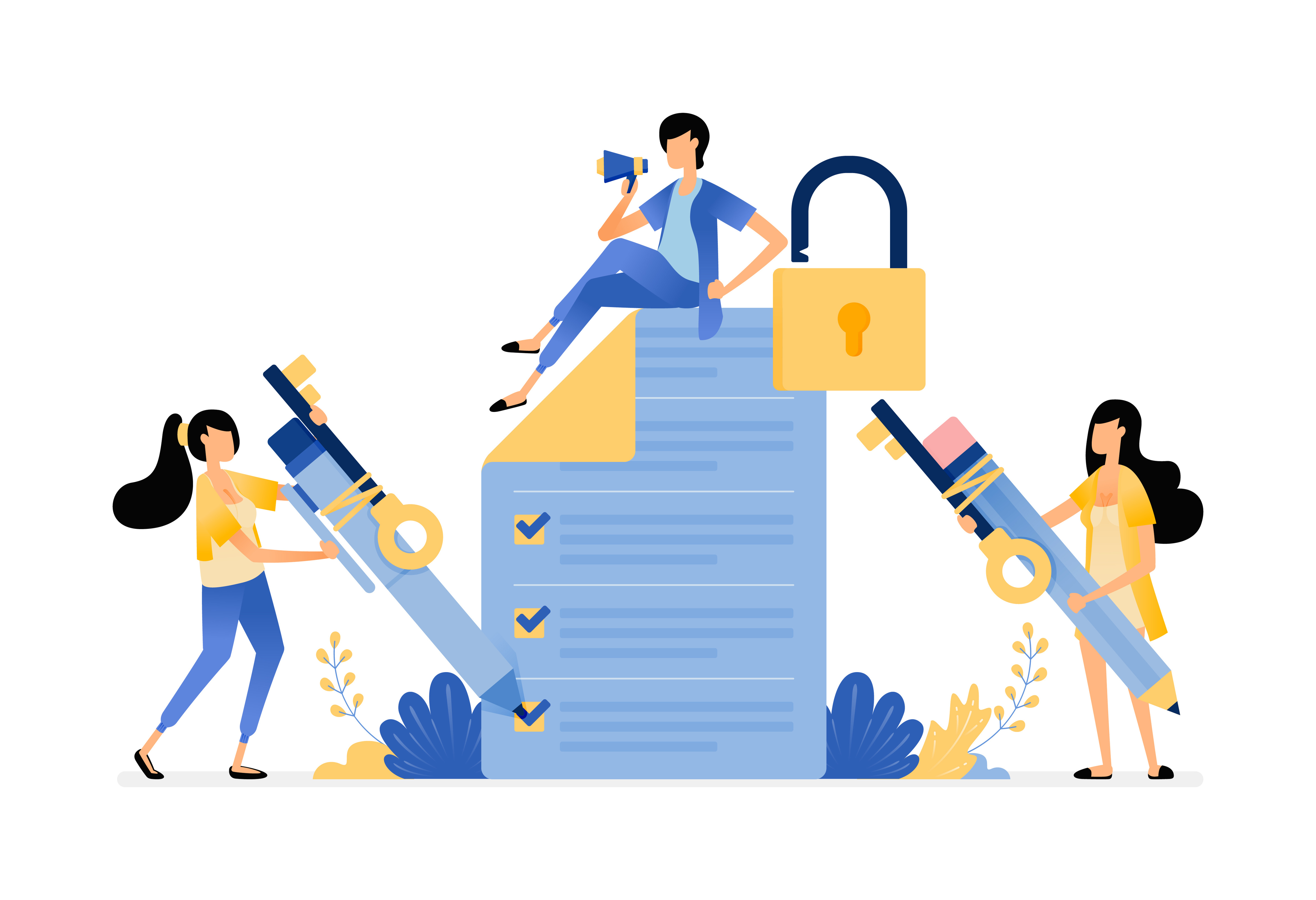 A graphic of people around a checklist with padlocks representing data security.