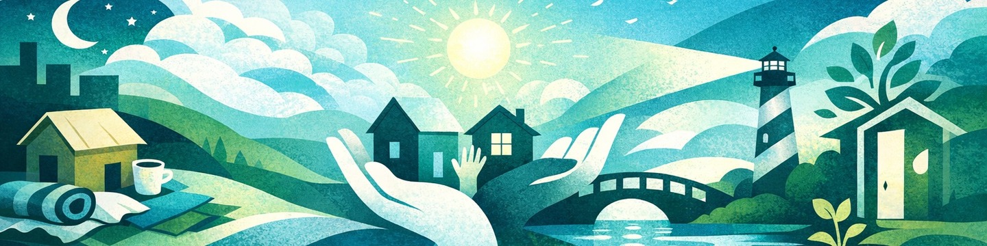 Artwork that expresses the help and support we offer to those facing homelessness. A landscape scene that includes a bridge, water, homes and a sun in a sky suggesting a brighter future.